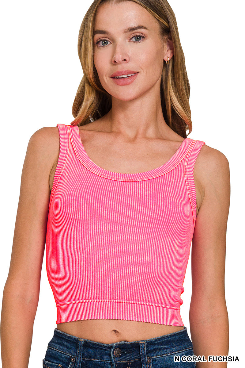 Coral Fuchsia Stone Washed Ribbed Bra Tank