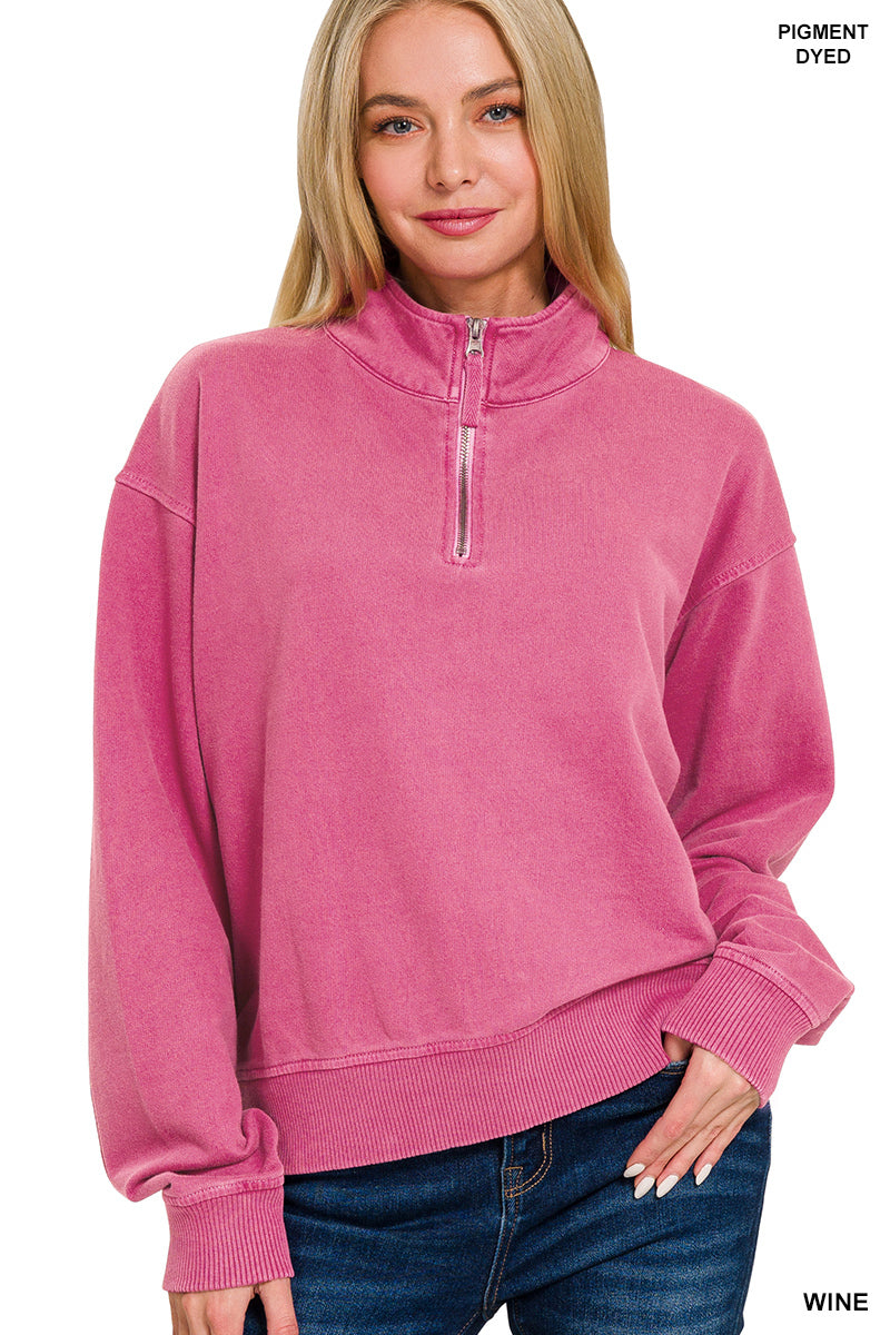 Wine Pigment Dyed Quarter Zip Pullover