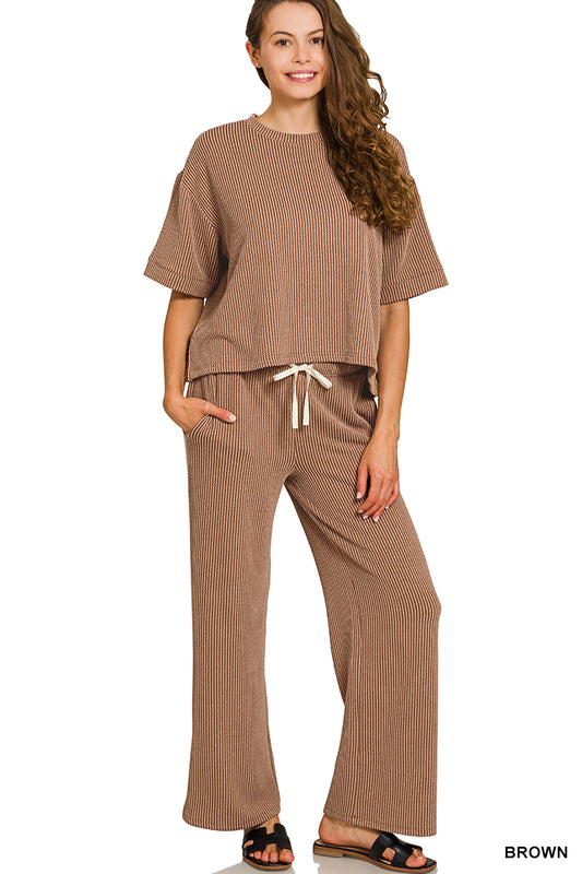 Brown Raised Rib Short Sleeve Tee & Pants Set
