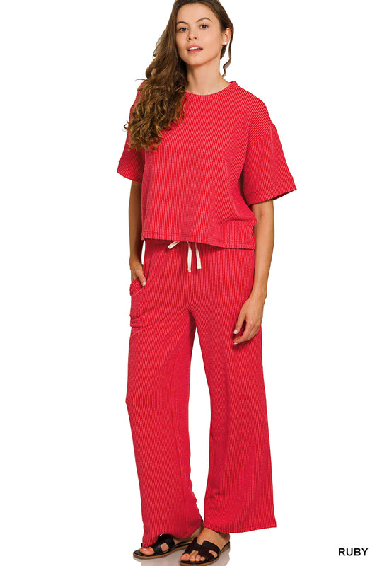 Ruby Red Raised Rib Short Sleeve Tee & Pants Set