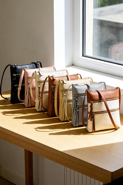 Vegan leather triple zipper crossbody shoulder bag