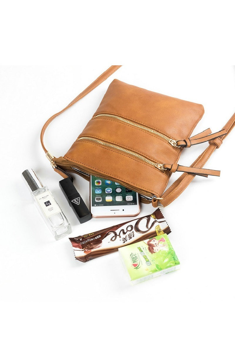 Vegan leather triple zipper crossbody shoulder bag
