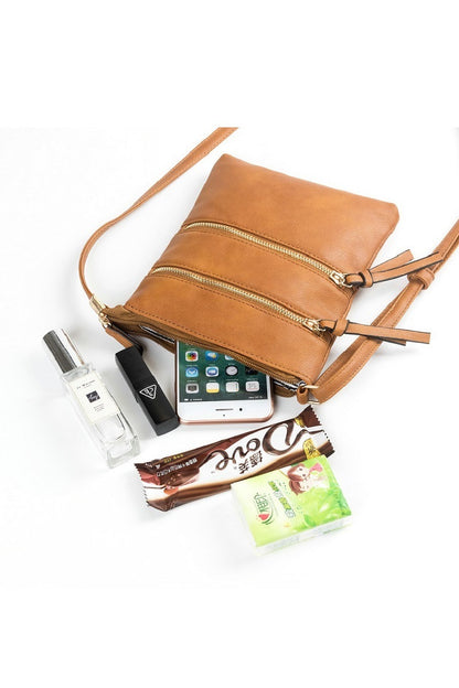 Vegan leather triple zipper crossbody shoulder bag