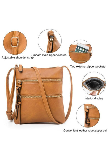 Vegan leather triple zipper crossbody shoulder bag