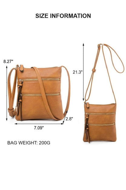 Vegan leather triple zipper crossbody shoulder bag