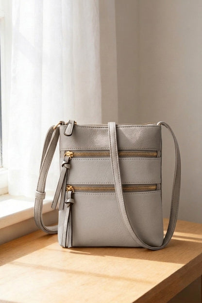 Vegan leather triple zipper crossbody shoulder bag
