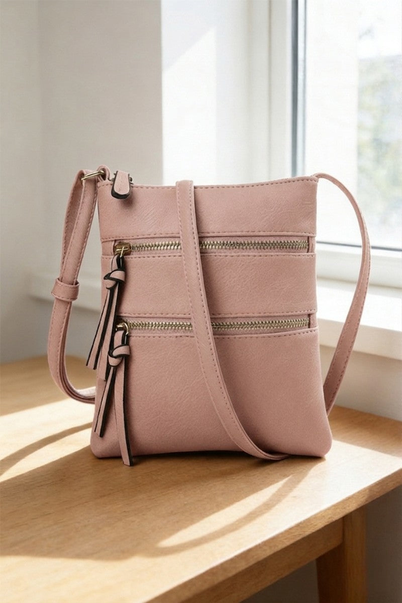 Vegan leather triple zipper crossbody shoulder bag