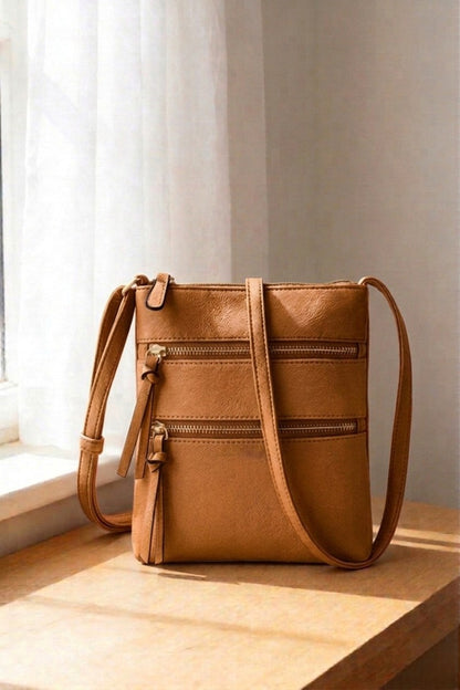 Vegan leather triple zipper crossbody shoulder bag