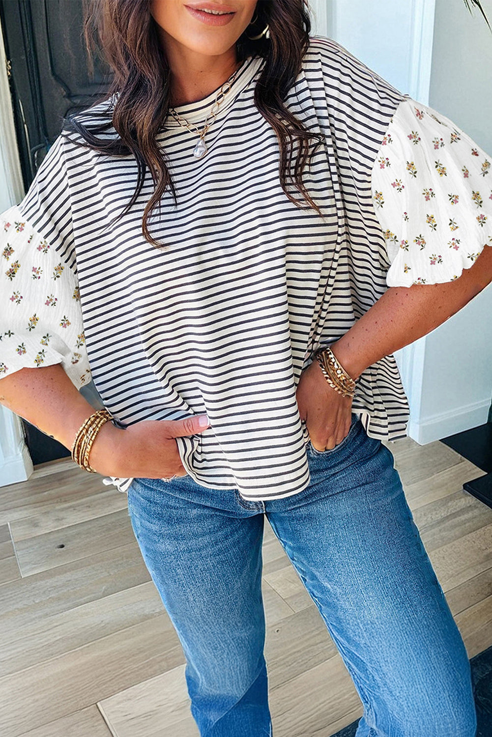 PLUS Black Stripe Floral Puff Sleeve Top