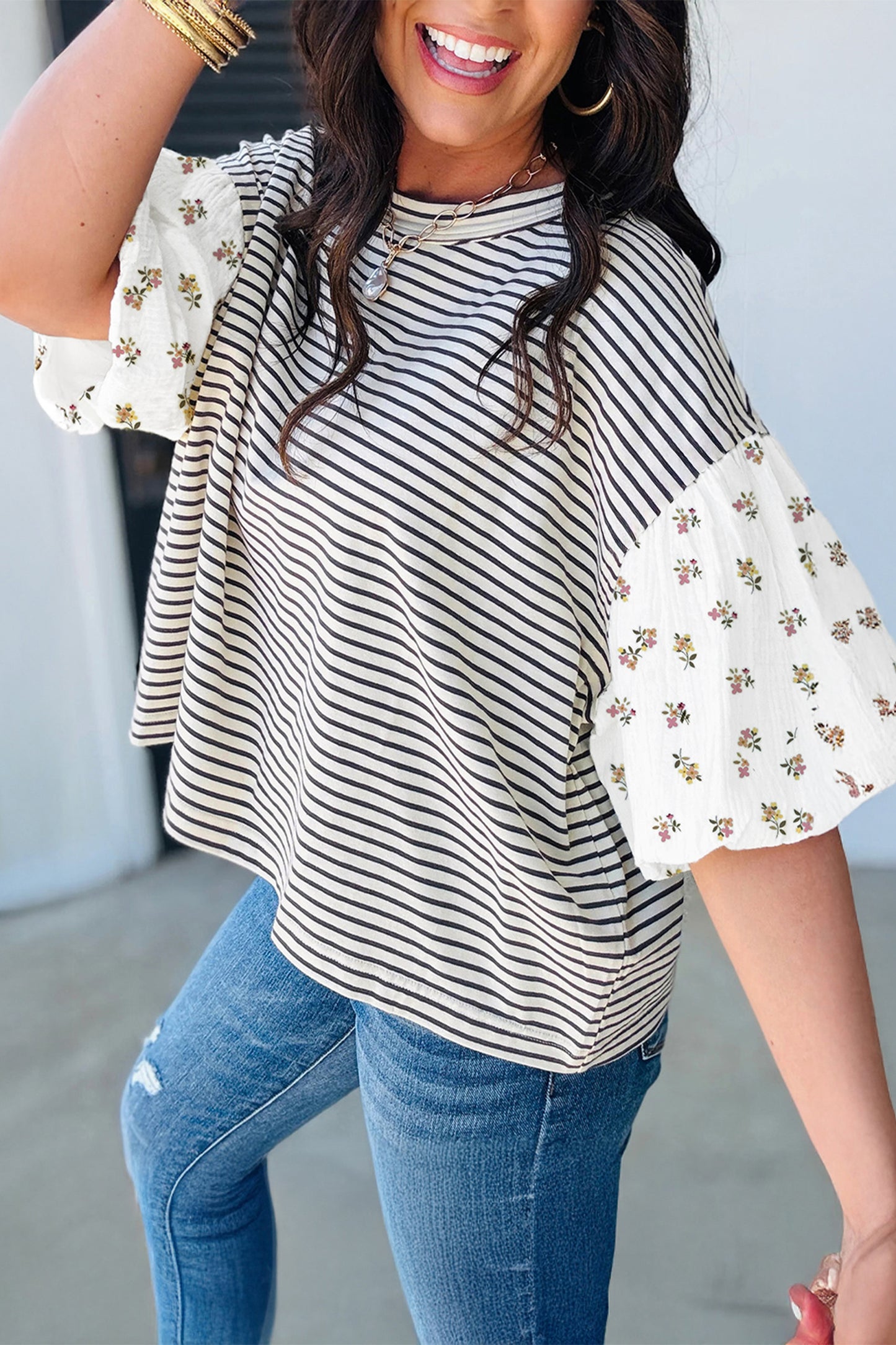 PLUS Black Stripe Floral Puff Sleeve Top