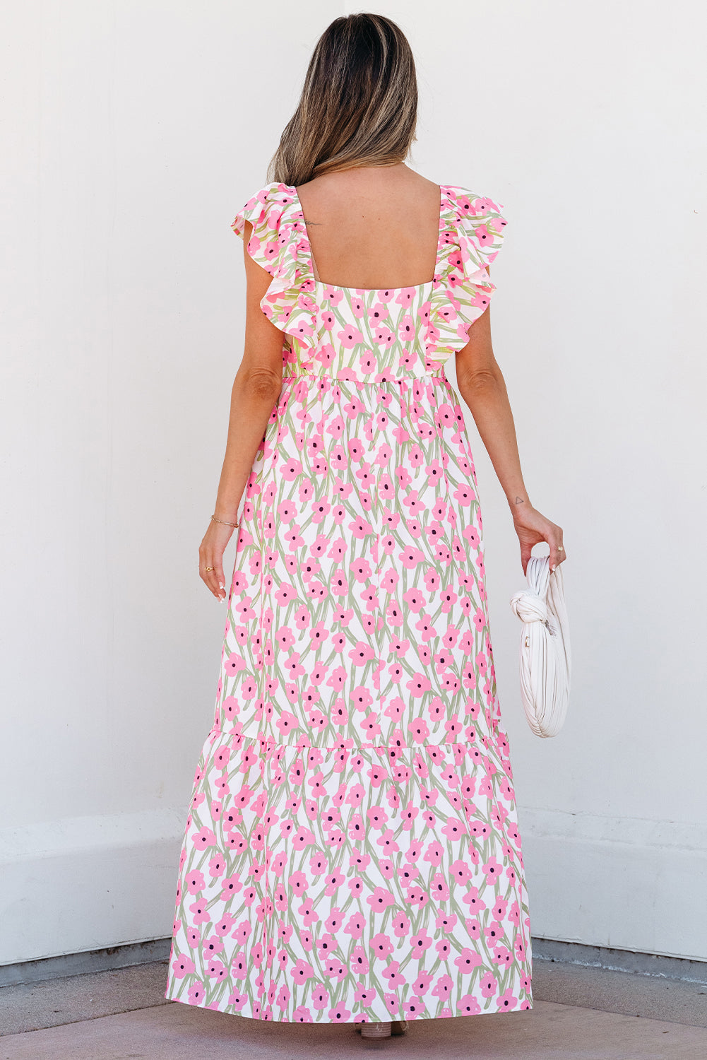 Pink Floral Ruffled Strap Maxi Dress