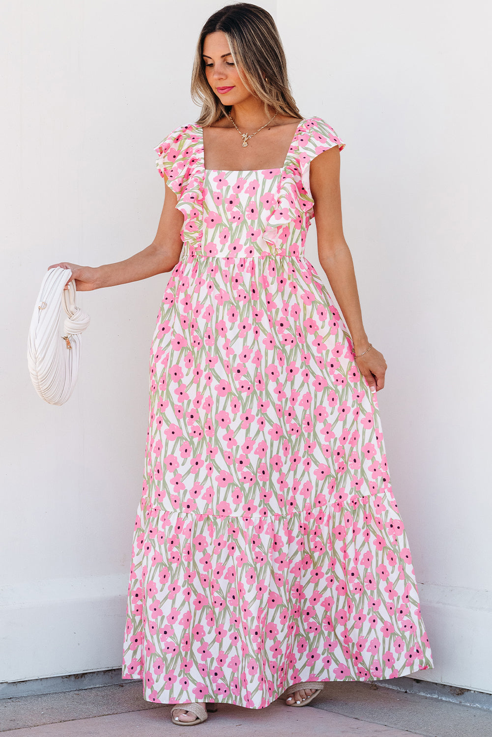 Pink Floral Ruffled Strap Maxi Dress