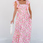 Pink Floral Ruffled Strap Maxi Dress