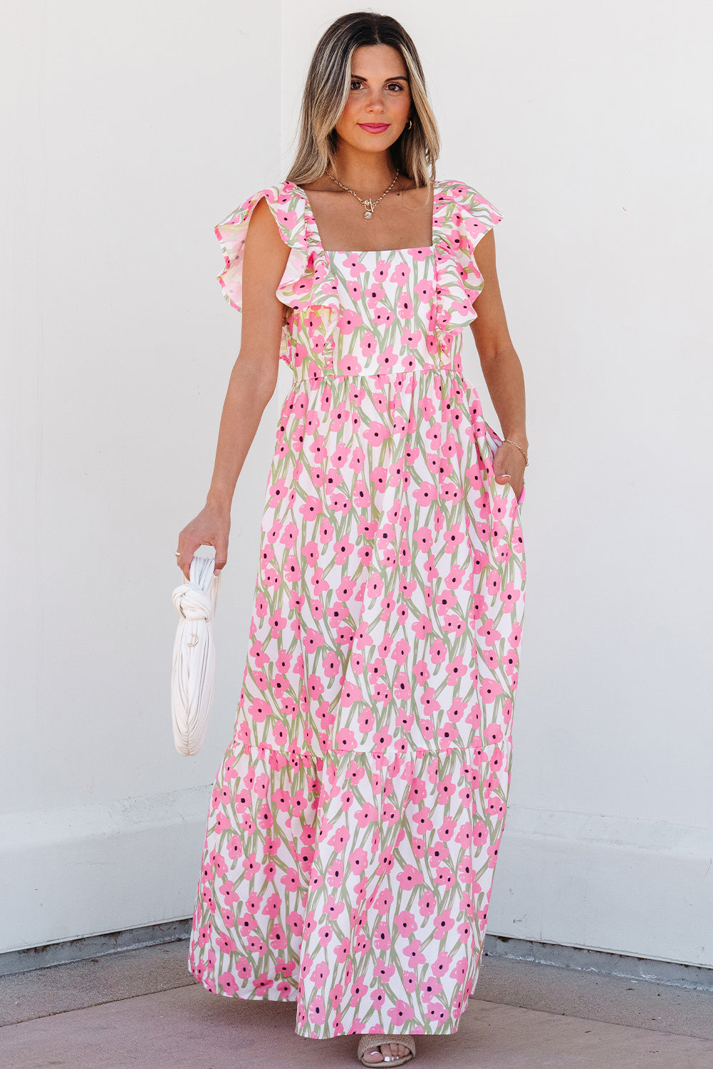 Pink Floral Ruffled Strap Maxi Dress