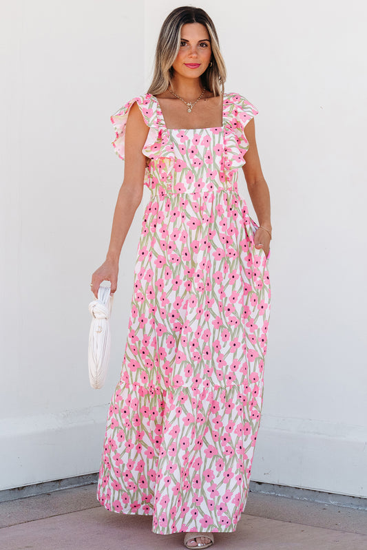 Pink Floral Ruffled Strap Maxi Dress