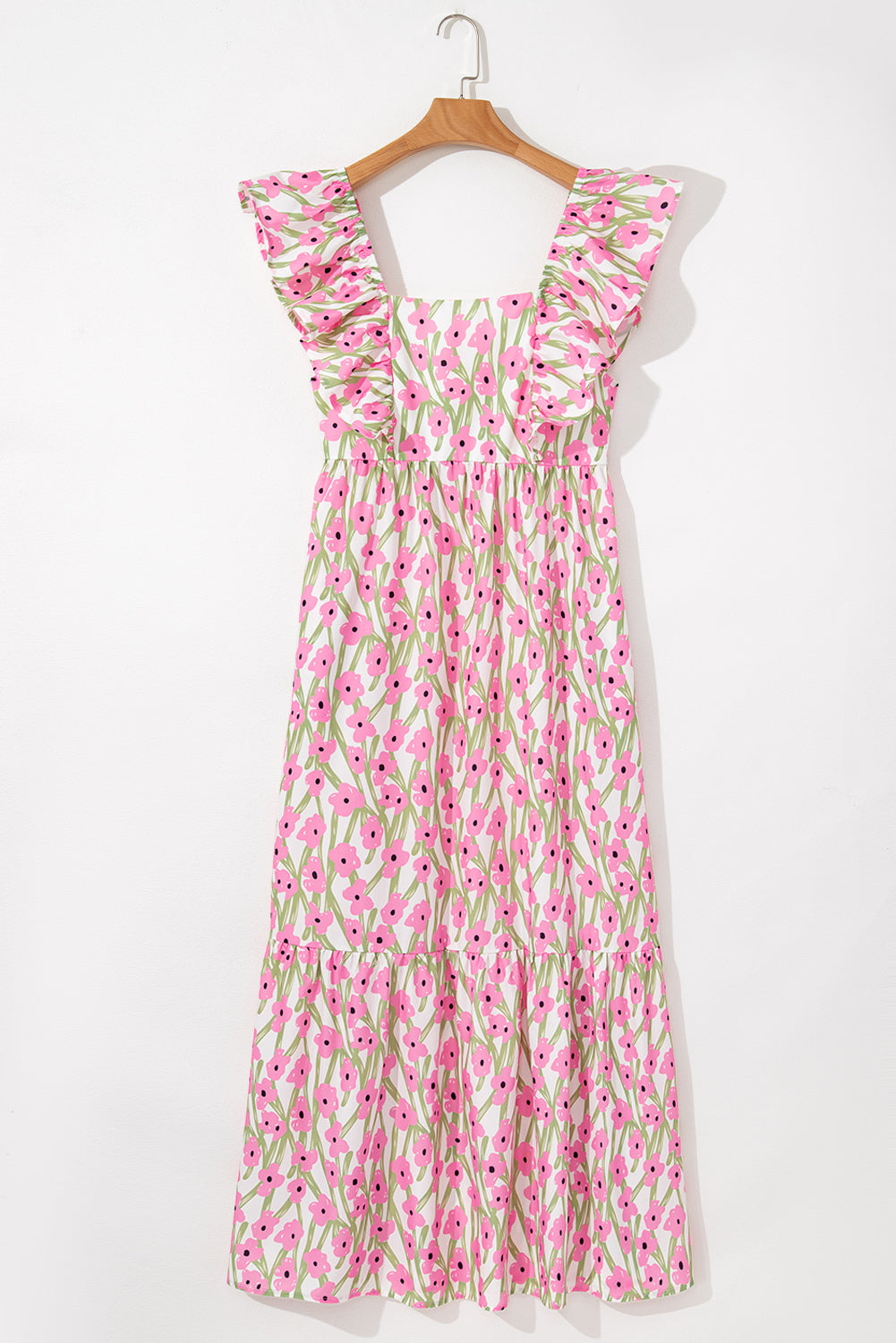 Pink Floral Ruffled Strap Maxi Dress