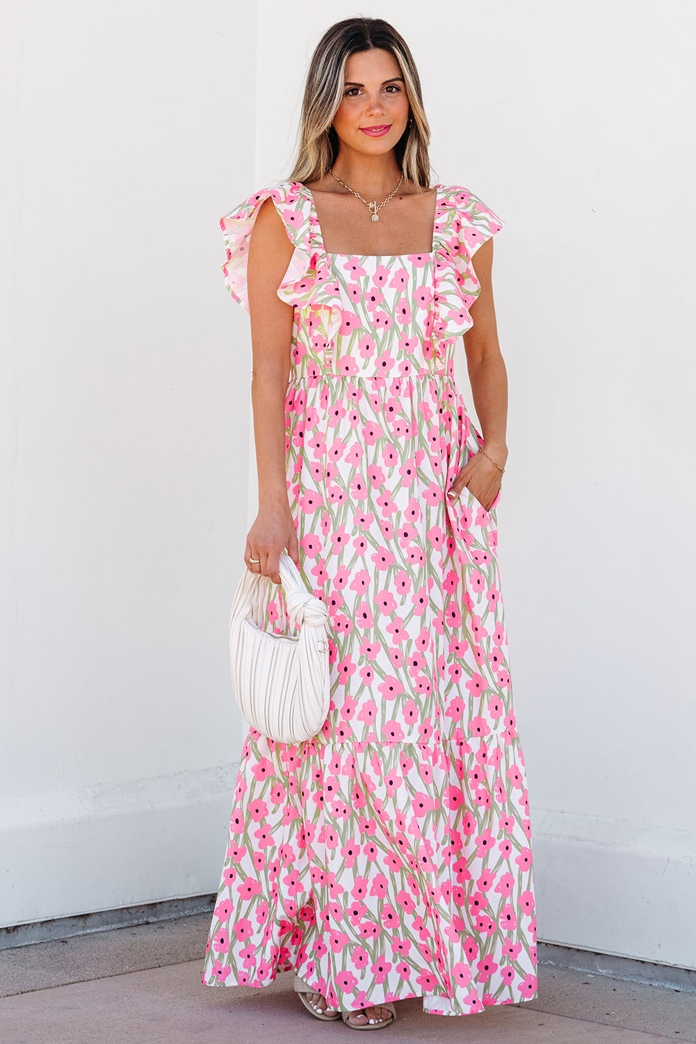 Pink Floral Ruffled Strap Maxi Dress