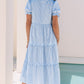 Sky Blue Striped Dress with Puff Sleeves & Scalloped Tiers