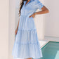 Sky Blue Striped Dress with Puff Sleeves & Scalloped Tiers