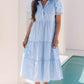 Sky Blue Striped Dress with Puff Sleeves & Scalloped Tiers