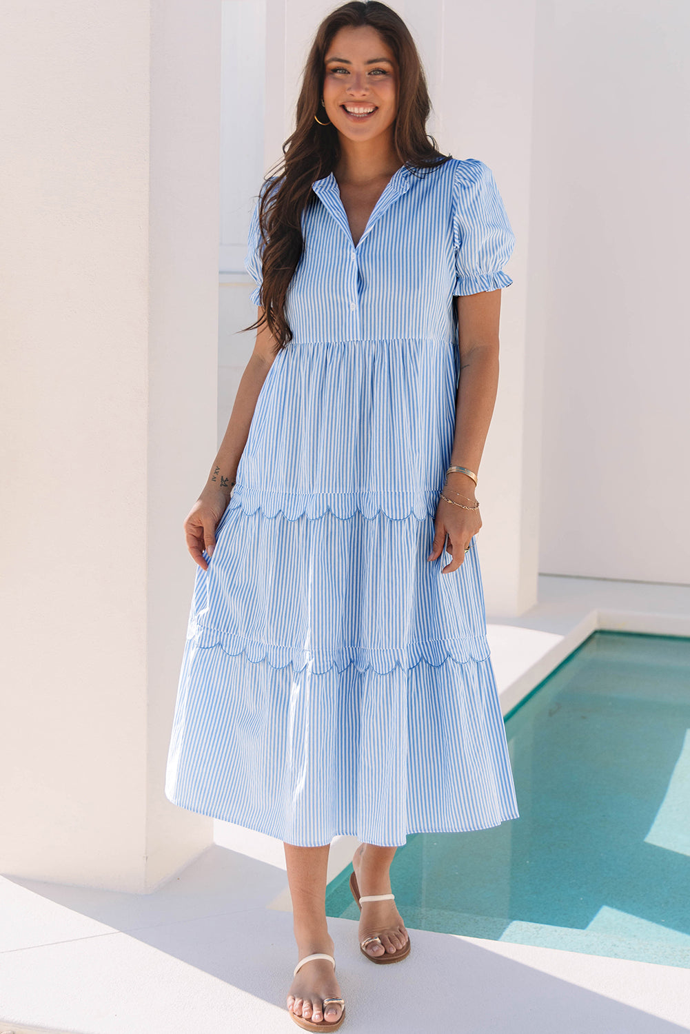 Sky Blue Striped Dress with Puff Sleeves & Scalloped Tiers
