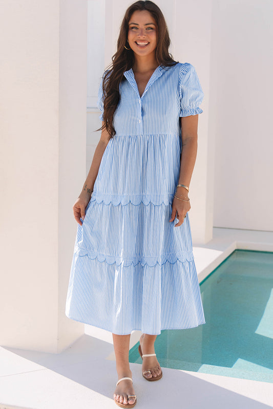 Sky Blue Striped Dress with Puff Sleeves & Scalloped Tiers