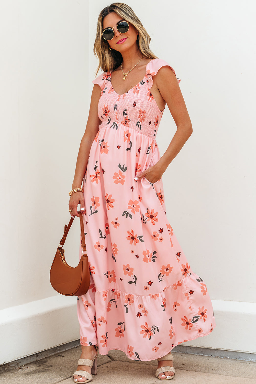 Pink Floral V-Neck Smocked Long Dress
