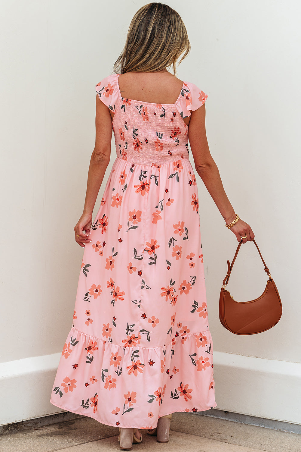 Pink Floral V-Neck Smocked Long Dress