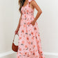 Pink Floral V-Neck Smocked Long Dress