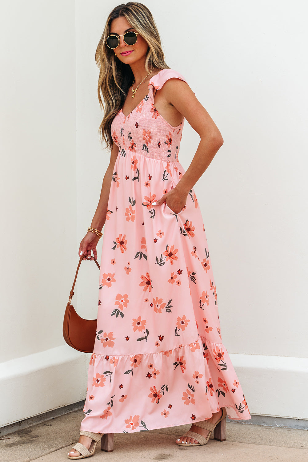Pink Floral V-Neck Smocked Long Dress