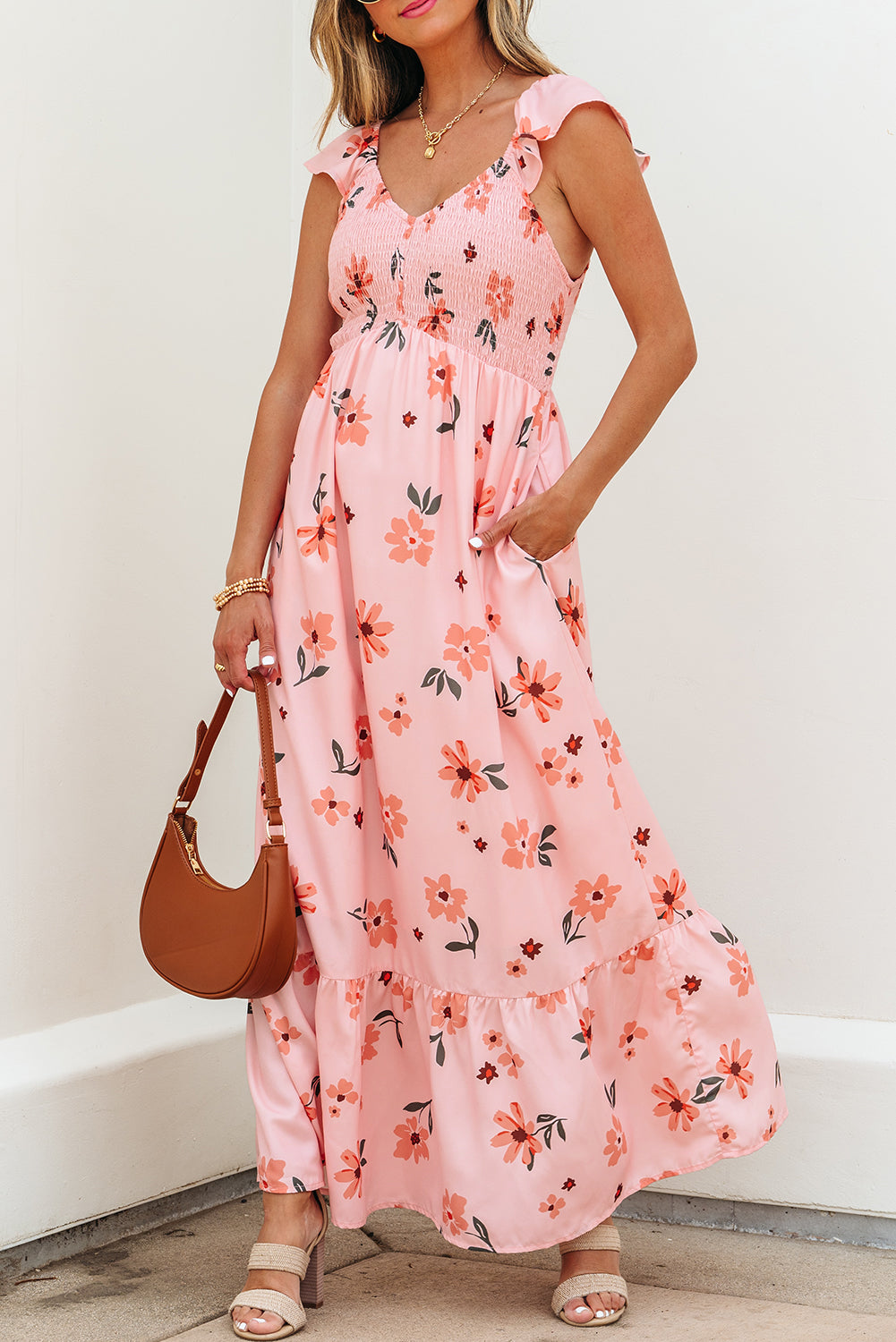 Pink Floral V-Neck Smocked Long Dress