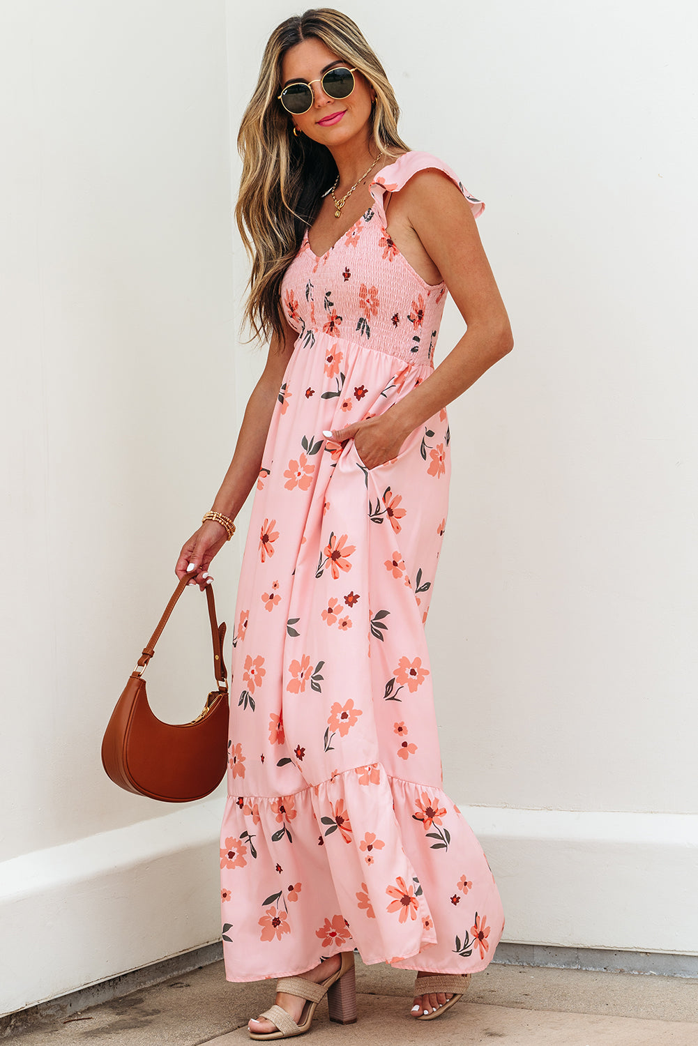 Pink Floral V-Neck Smocked Long Dress