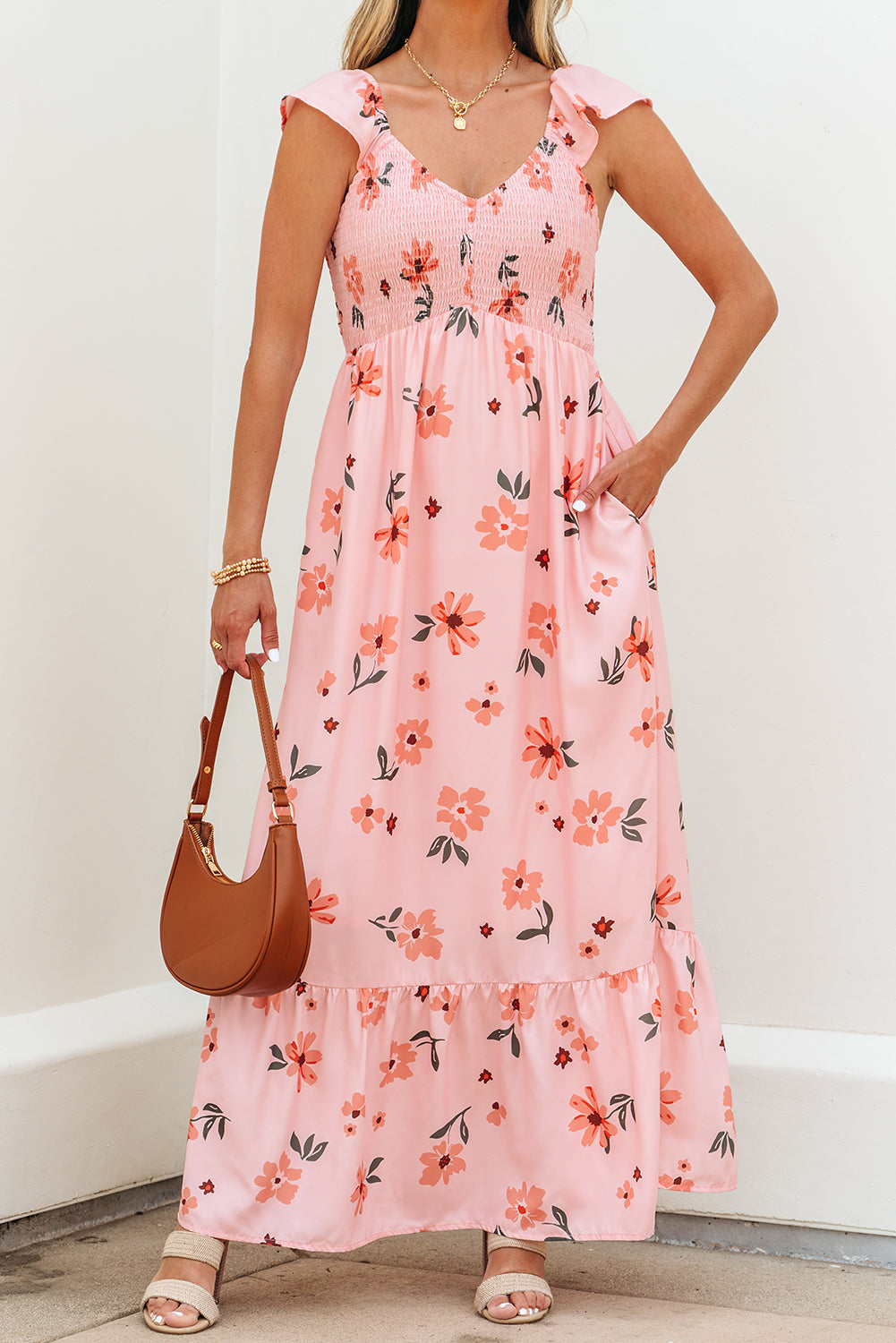 Pink Floral V-Neck Smocked Long Dress