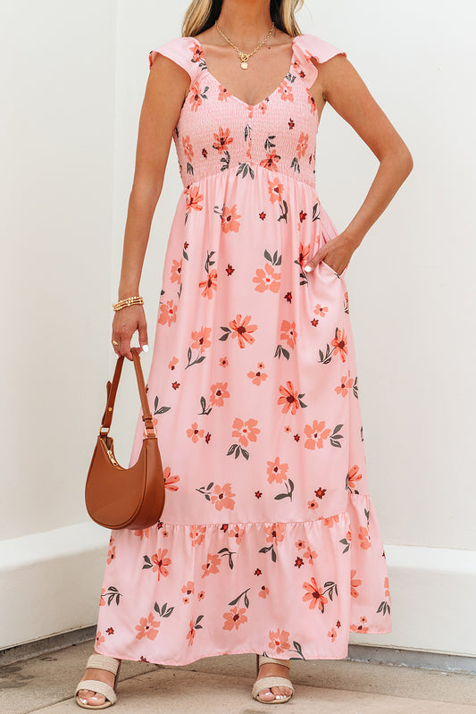 Pink Floral V-Neck Smocked Long Dress