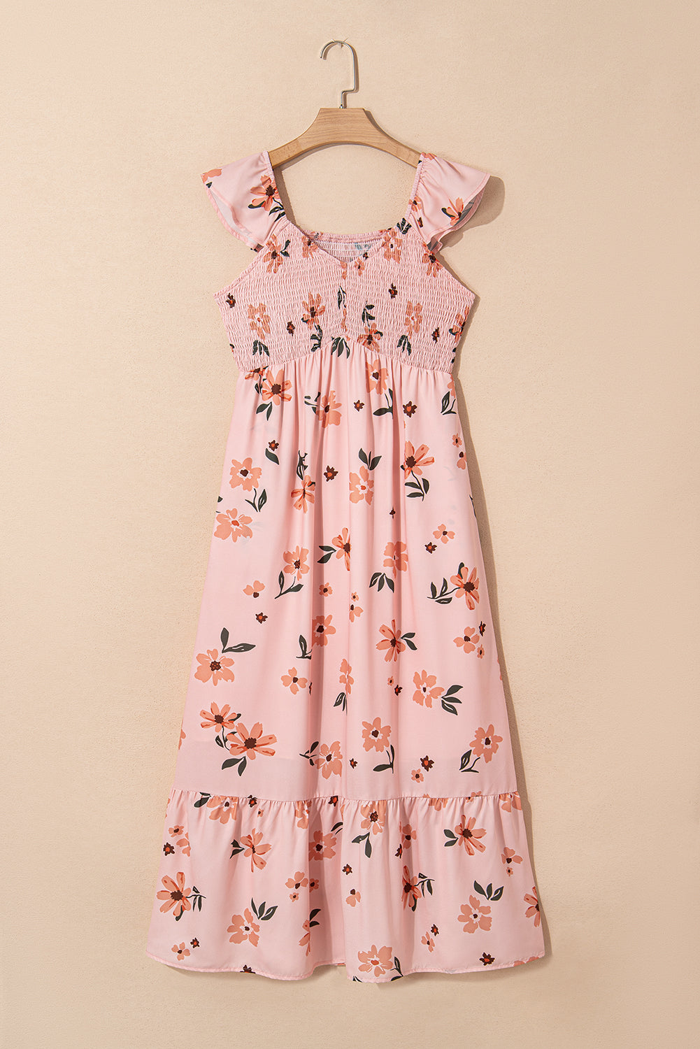 Pink Floral V-Neck Smocked Long Dress