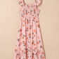 Pink Floral V-Neck Smocked Long Dress