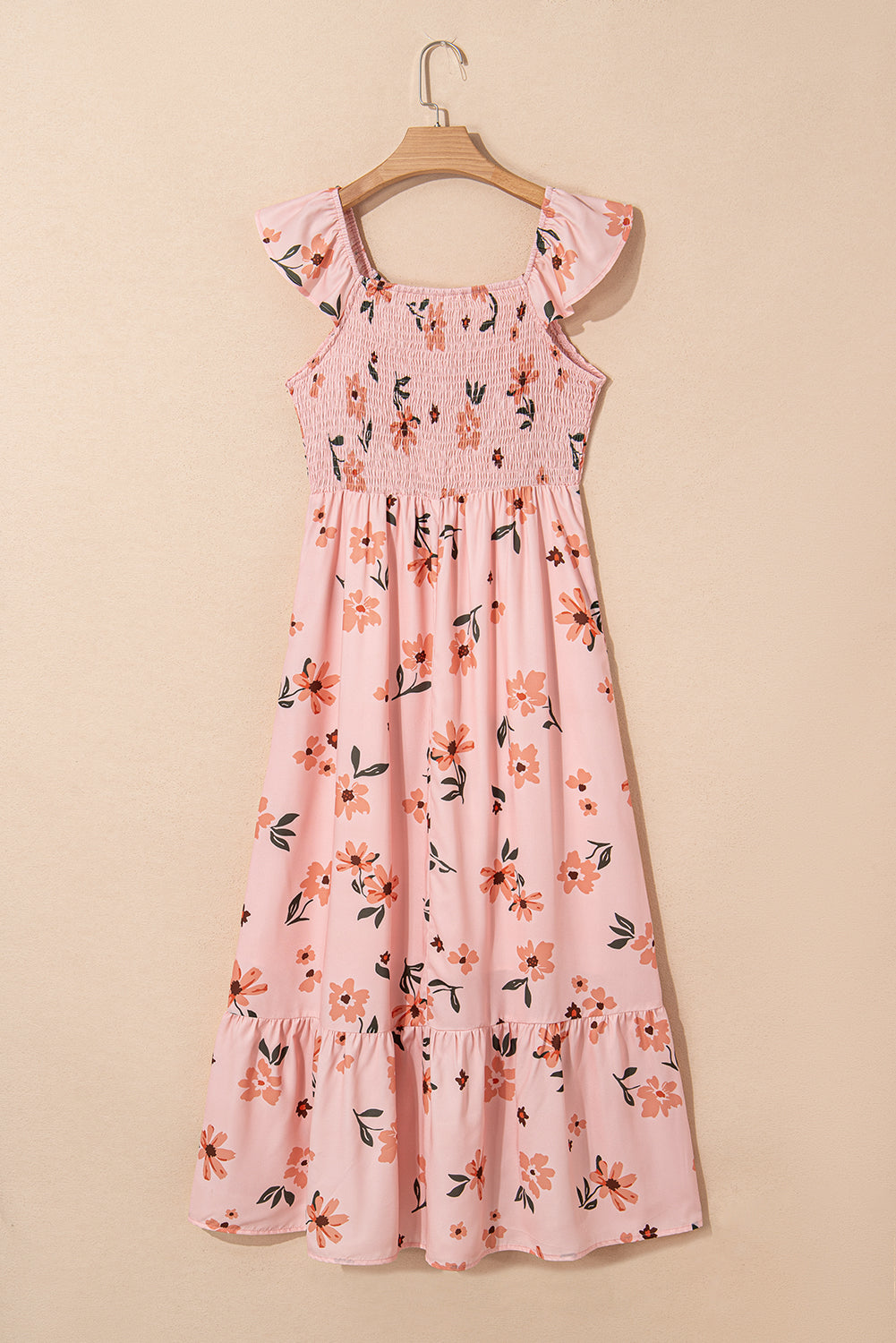 Pink Floral V-Neck Smocked Long Dress