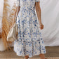 Blue Floral Smocked Tiered Dress with Puff Sleeves