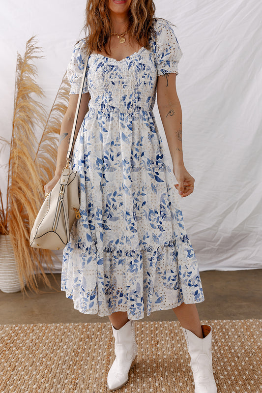 Blue Floral Smocked Tiered Dress with Puff Sleeves