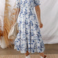Blue Floral Smocked Tiered Dress with Puff Sleeves