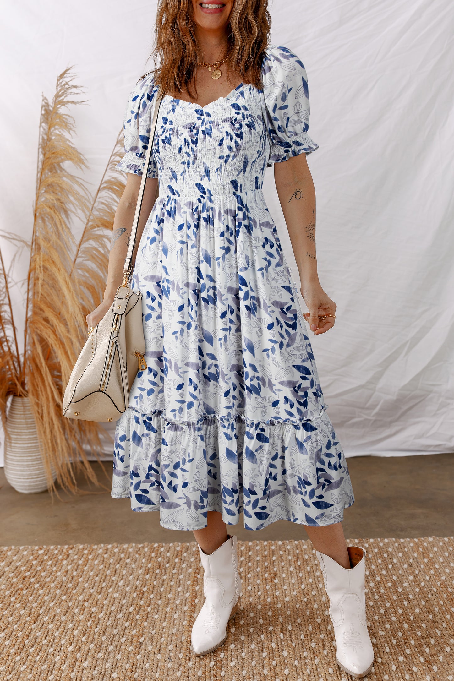 Blue Floral Smocked Tiered Dress with Puff Sleeves