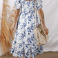 Blue Floral Smocked Tiered Dress with Puff Sleeves