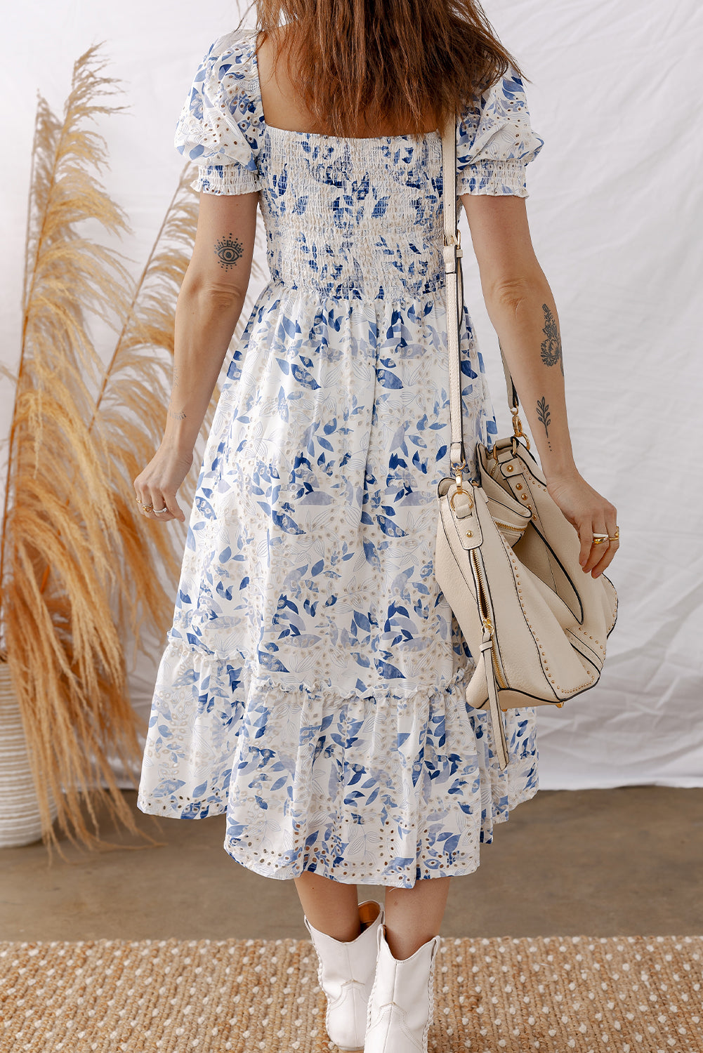 Blue Floral Smocked Tiered Dress with Puff Sleeves