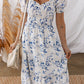 Blue Floral Smocked Tiered Dress with Puff Sleeves