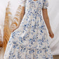 Blue Floral Smocked Tiered Dress with Puff Sleeves
