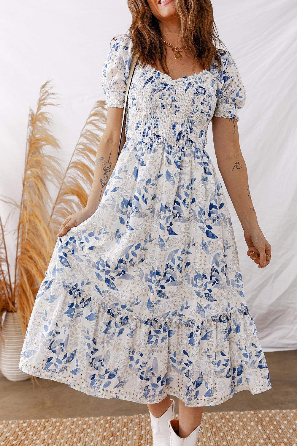 Blue Floral Smocked Tiered Dress with Puff Sleeves