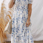 Blue Floral Smocked Tiered Dress with Puff Sleeves