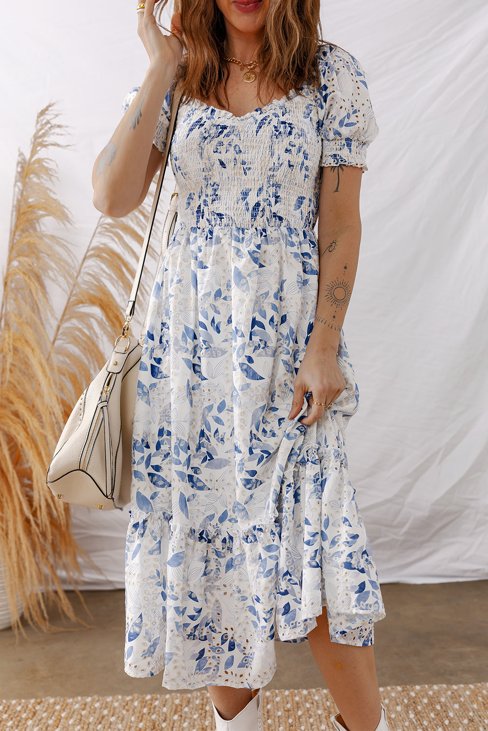 Blue Floral Smocked Tiered Dress with Puff Sleeves