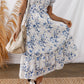 Blue Floral Smocked Tiered Dress with Puff Sleeves