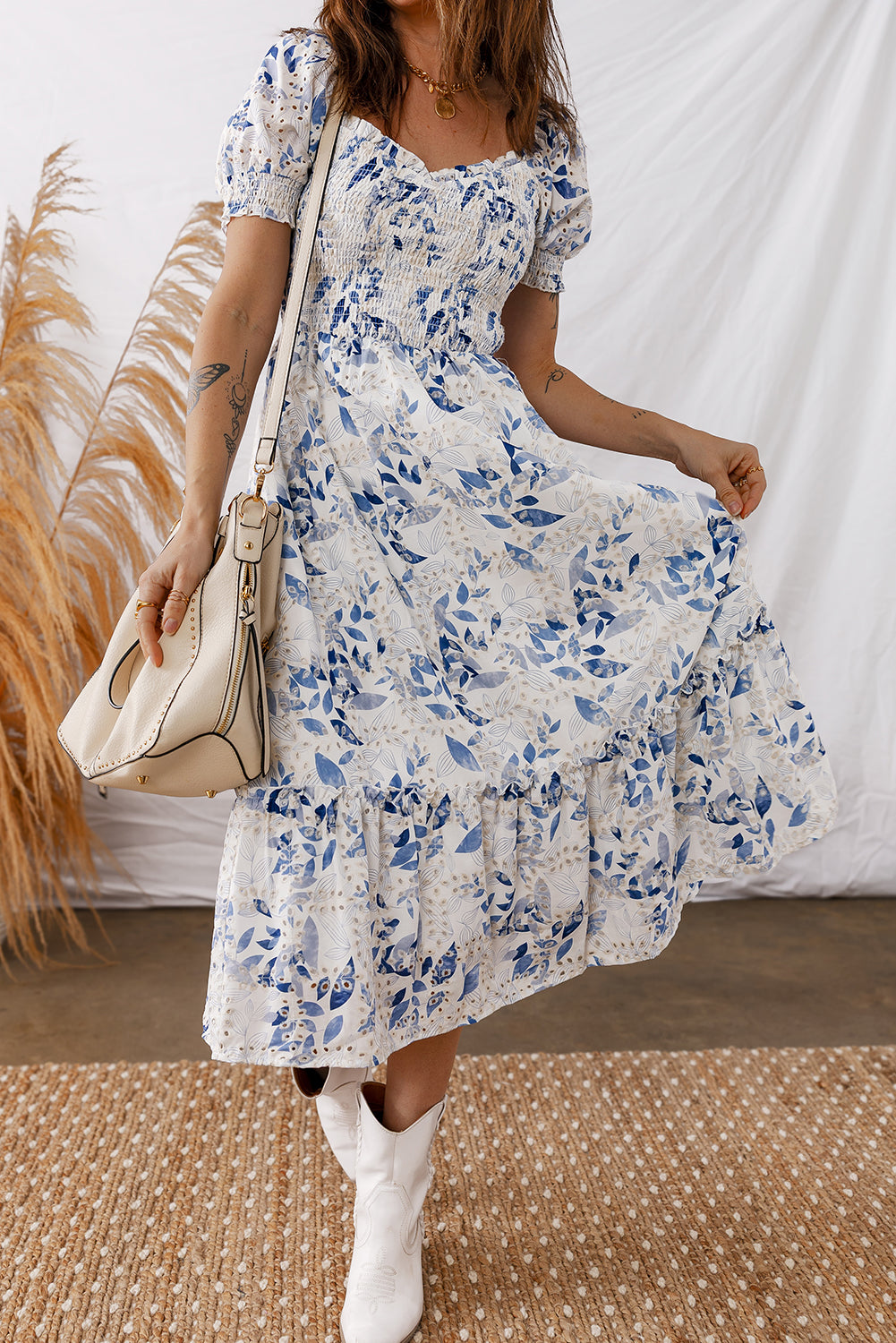Blue Floral Smocked Tiered Dress with Puff Sleeves